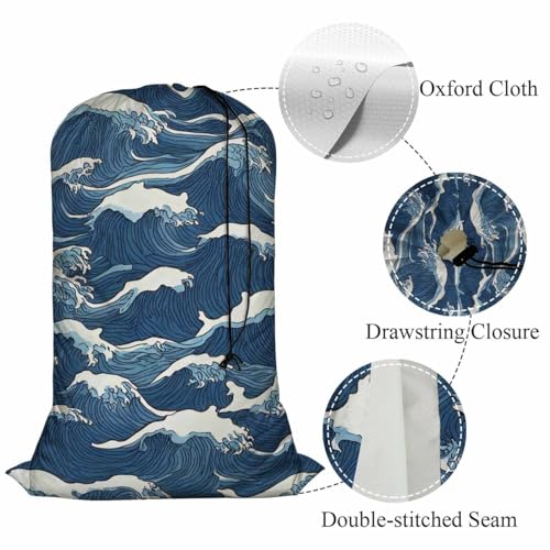 Swono Wave Large Collapsible Laundry Bag - Surf Sea Cartoon Blue White Foldable Hamper, Football Grid Oxford Cloth, Holds 4 Loads, Ocean Theme - color: Wave