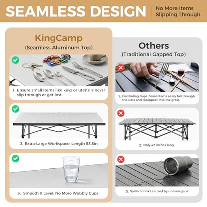 KingCamp Aluminum Camping Table Foldable, Large 53.5" Roll Up Camp Table Folding Seamless Tabletop Heavy Duty Duck Hunting Camping Tables Metal Portable Outdoor Collapsible for RV BBQ Picnic Hunting - color: Silver/Black - 53.5"×27.5", style: Extra Large