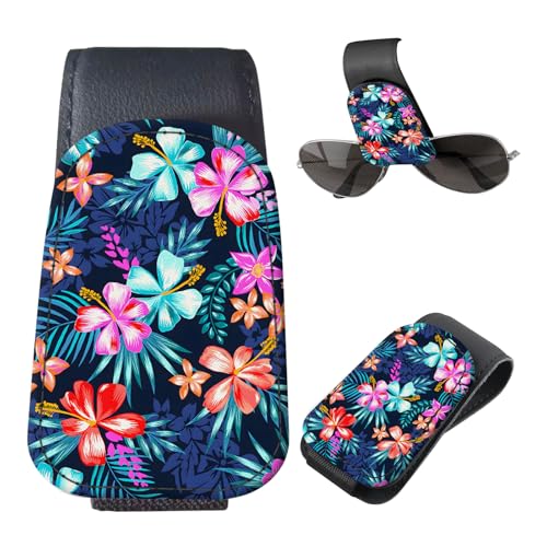 Sunglasses Holder for Car Visor, PU Leather Glasses Clip Organizer, Cute Magnetic Eyeglass Holder for Vehicle Sun Visor, Car Interior Accessory for Women & Men Tropical Neon Flowers - color: Tropical Neon Flowers