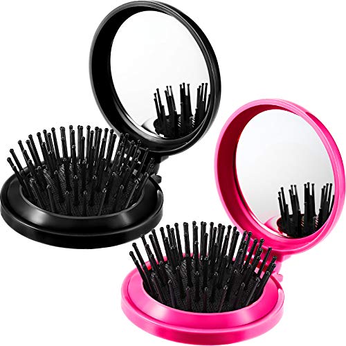 Boao 2 Pack Foldable Travel Mirror Hair Brushes Round Portable Folding Pocket Hair Brush Mini Comb Compact Travel Size Massage Comb for Men Women(Black, Rose Red,Round) - color: Black, Rose Red, style: Round