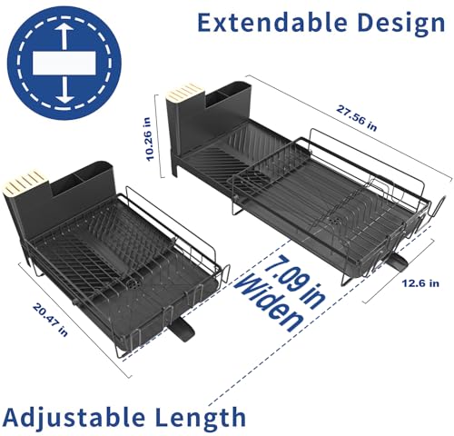 Runnatal Dish Drying Rack Extendable, Large Dish Rack with Drainboard, Utensil Holder, Cup Holder, Expandable Dish Drainer for Kitchen Counter, 20.5"-27.6" L x 12.6" W - size: 20.5"-27.6" L x 12.6" W