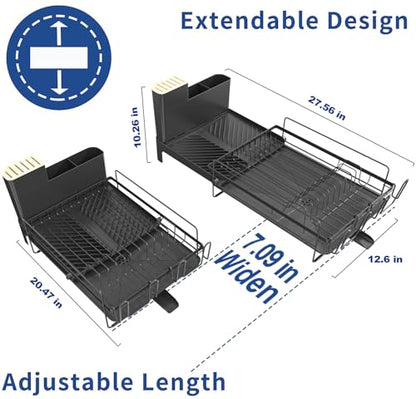 Runnatal Dish Drying Rack Extendable, Large Dish Rack with Drainboard, Utensil Holder, Cup Holder, Expandable Dish Drainer for Kitchen Counter, 20.5"-27.6" L x 12.6" W - size: 20.5"-27.6" L x 12.6" W