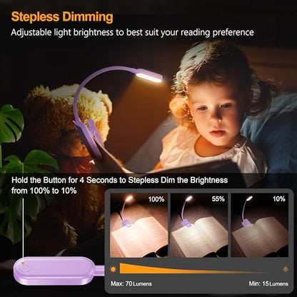 Gritin 16 LED Rechargeable Book Light for Reading in Bed- Eye Caring 3 Color Temperatures, Stepless Dimming Brightness, 80 Hrs Runtime, Lightweight Flexible Clip on Light for Book Lovers-Purple | Eye Caring 3 Color Temperatures, Stepless Dimming Brightnes