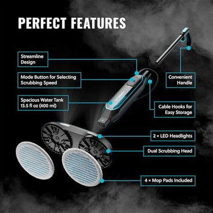 Pursteam ScrubMaster Steam Mop with Dual Scrubbing Head, LED Headlights, Adjustable Steam Control, Anti-Slip Swivel Head, Cable Holder & Upright Lock - size: Steam Mop - ScrubMaster