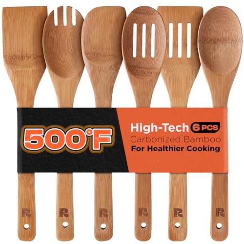 Riveira Dark Bamboo Wooden Spoons for Cooking 6-Piece, Apartment Essentials Wood Spatula Spoon Nonstick Kitchen Utensil Set Premium Quality Housewarming Gifts for Everyday Use - color: Carbonized Bamboo, size: Set of 6