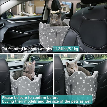 Center Console Dog Car Booster Seat for Small Dogs 0-15 lbs - Grey Pet Travel Carrier Safety Leash, Detachable Seat Belt & Storage Pockets - color: Grey