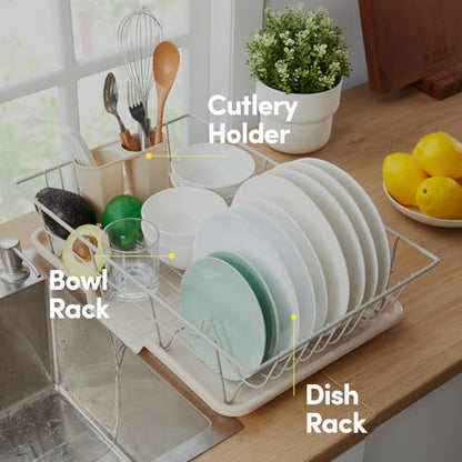 Sweet Home Collection Space-Saving 3-Piece Dish Drainer Rack Set: Efficient Kitchen Organizer for Quick Drying and Storage - Includes Cutlery Holder and Drainboard - Maximize Countertop Space, Beige - color: Beige
