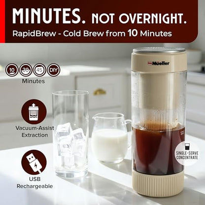 Mueller RapidBrew Cold Brew Coffee Maker – 10 Min Fast Brew Portable Rechargeable Cold Brew Pitcher Machine for Coffee & Tea – Adjustable Strength 10-99 Min – 20 Servings Per Charge, Cappuccino Beige - color: Cappuccino Beige