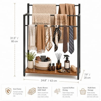 24.8" W Freestanding Towel Rack, 3 Tier Blanket Ladder Stand with Rustic Brown Wooden Shelf for Bathroom Living Room - color: Rustic Brown, size: 31.5" H x 24.8" W x7.9 D
