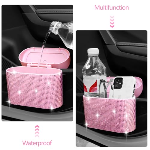 NBTEPEM Bling Pink Car Trash Can with Lid - 2 Pack, Mini Auto Garbage Can with 60 Trash Bags, Automotive Garbage Container Bin, Bling Car Accessories Trash Can for Women (Pink Diamond) - color: Pink Diamond