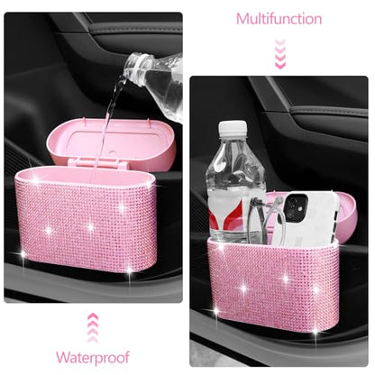 NBTEPEM Bling Pink Car Trash Can with Lid - 2 Pack, Mini Auto Garbage Can with 60 Trash Bags, Automotive Garbage Container Bin, Bling Car Accessories Trash Can for Women (Pink Diamond) - color: Pink Diamond