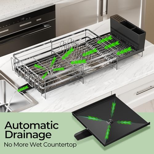 Large Dish Drying Rack, Expandable Dish Rack, Stainless Steel Anti-Rust Dish Racks for Kitchen Counter, Multifunctional Dish Drainer with Utensil Holder & Cup Holder, 13.4"-28.7" L x 11.8" W - color: Silver, size: 1 Tier