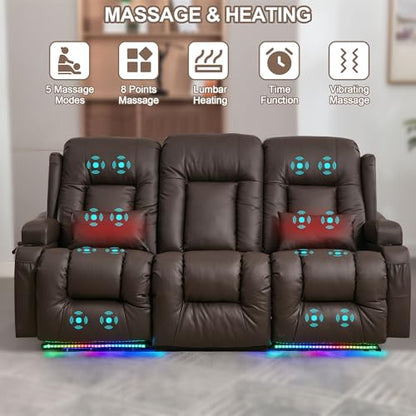 TUNYI Power Loveseat Recliner Sofa with Massage & Heat Home Theater Seating with Console RV Recliner Loveseat Sofa with USB/Storage/Side Pocket/LED Light/Speaker (Brown, 3 Seat) - color: Brown, size: 3 Seat