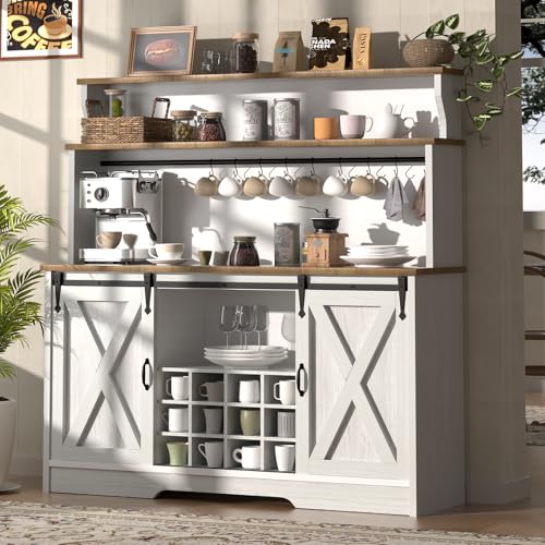 BestHaped 55'' Farmhouse Coffee Bar Cabinet with 3 Tier Storage Hutch, Coffee Bar Station with Sliding Barn Door, Hutch Storage Cabinet with 12 Wine Racks & 9 Hooks for Kitchen Dining Living Room - color: White, size: 55 Inch