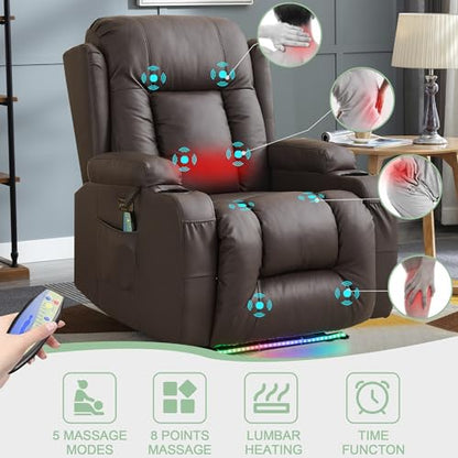 TUNYI Power Recliner Sofa with Massage & Heat Home Theater Seating with Console RV Recliner Sofa with USB/Storage/Side Pocket/LED Light/Speaker (Brown, 1PC) - color: Brown, size: 1 Seat