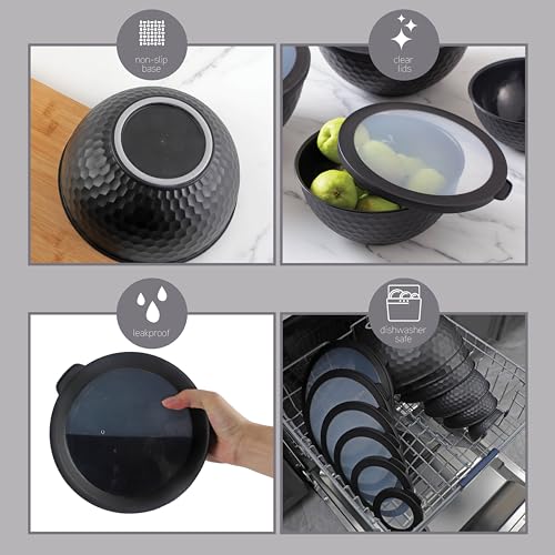 COOK WITH COLOR Mixing Bowls with Lids - 12 Piece Plastic Nesting Bowls Set includes 6 Prep Bowls and 6 Lids, Microwave Safe Mixing Bowl Set, Black Embossed - color: Black Embossed