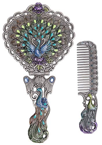 Nerien Vintage Peacock Metal Mirror Comb Set Antique Heart-shaped Handheld Vanity Mirror Comb Set Antique pewter - color: Antique Pewter