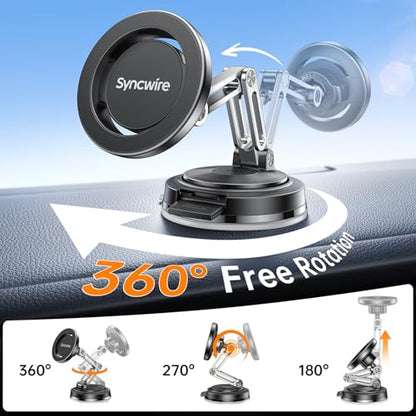 SYNCWIRE for MagSafe Car Mount [3-Axis Adjustable], Vacuum Magnetic Phone Holder with Replaceable Suction Cup Dashboard/Windshield, 360° Rotation & Foldable, for iPhone 17-12 Pro Max Plus - color: Black
