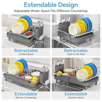Urackify Dish Drying Rack for Kitchen Counter, Expandable Stainless Steel Dish Racks with Adjustable Water Spout, Space Saving Dish Drainer with Cutlery Holder,16.14"-23.62" L x 12.99" x 8.78",Grey - color: Gray