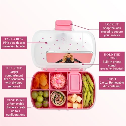 Paris Hilton 2-Pack Bento Style Snack Boxes, 7-Compartment Lunch Containers with Built-In Phone Stand, Removable Dividers and Dip Containers, Pink Heart Print - color: Pink Heart Print