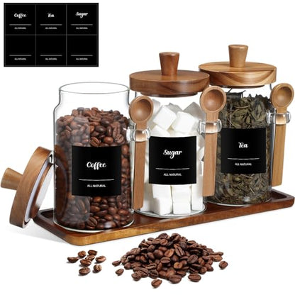 Suclain 3 Pcs Glass Coffee Container with Wooden Lid Spoon Shelf Labels Clear Airtight Jar Food Storage Canister Set for Sugar Spice Coffee Bean Holder Housewarming Gift(25 oz,Acacia Brown) - size: 25 oz