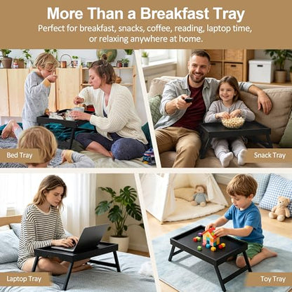 Large Breakfast Tray with Folding Legs Set of 2, 16.9" x 12.2" Bamboo Bed Tray Table with Ergonomic Wave Handles, Foldable TV Dinner Tray for Bed Couch Sofa, Breakfast, Laptop, Coffee, Black - color: Black, size: Large