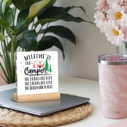 Funny Camper Decor Camper Accessories Camping Essentials Camping Gifts for Women Men Friends Desk Decor Office Home Kitchen Living Room Acrylic Plaque Decorative Sign for Rv Tabletop Shelf