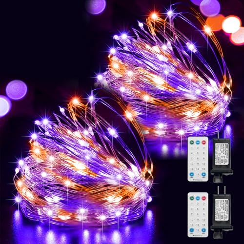 2 Pack Orange and Purple Halloween Fairy Lights Plug in, 33Ft 100 LEDs Waterproof Twinkle Firefly Starry String Lights with Adaptor for Indoor Outdoor Patio Garden Wedding Christmas Decor - color: Orange Purple, size: 2PK ( 2 X 100 Counts)