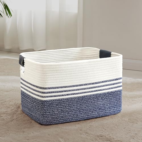 60L Large Laundry Basket with Leather Handles for Living Room Storage, Woven Rope Baskets Bin for Blanket, Kids Toy, Gifts, Wicker Hamper for Bedroom Dirty Clothes, 21"x15"x11" Denim Blue - color: Denim Blue, size: 60L
