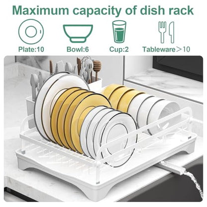 Dish Drying Rack,Dish Racks for Kitchen Counter, Metal Dish Drainer with Adjustable Drainage Spout, Removable Knife and Fork Holder (White) - color: 1 Tier - White