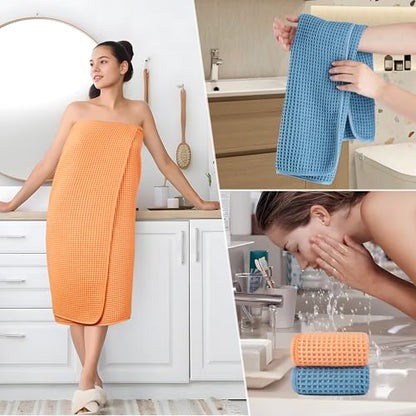 POLYTE 430 GSM Microfiber Quick Dry Lint Free Oversize Bath Towel Set, 6 Piece (Waffle Weave) - color: Blue,orange
