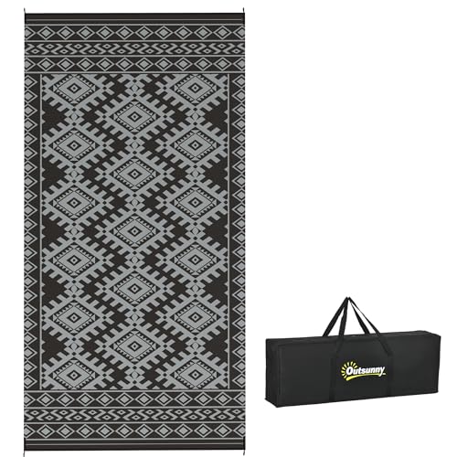Outsunny Outdoor Rug for Patio, 9' x 18' Waterproof Large Mat, Reversible Plastic Straw Rug for Decor, Portable Outside RV Camping Area Carpet Mat for Backyard Porch Deck Picnic, Black & Gray Rhombus - color: Black and Gray Rhombus Border, size: 8'11" x 1