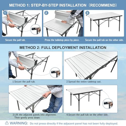 29.9" Tall Folding Camping Table for 2-6 Person, 54.7" Large Aluminum Foldable Roll-up Table Outdoor with Carry Bag for Picnic, Camp, Sturdy, Backyard, Patio - color: Silver
