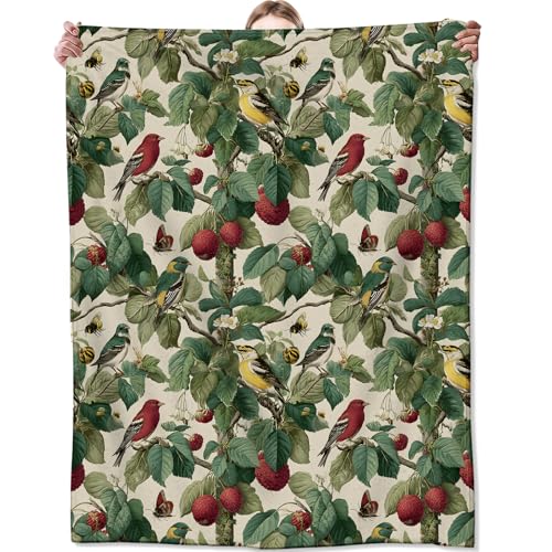 Vintage Bird Blanket, Red Berry and Colorful Insect Blankts, Gifts for Nature Lovers, Home Dorm Cabin Pet Area Picnic and Travel Decor, Soft Cozy Lightweight Flannel Throw,50"x60" - color: Bird, size: 50x60 inch