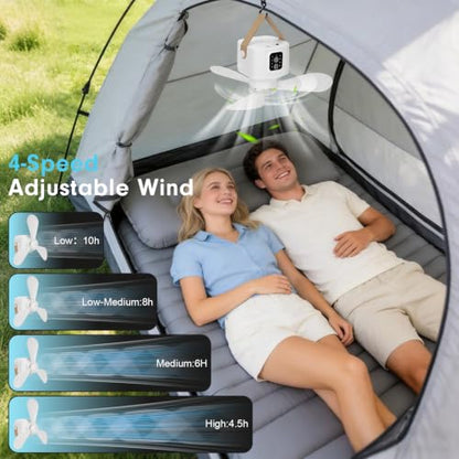 Portable Ceiling Fan with Lights Remote,USB Rechargeable Camping Fan,9.25" Wireless Tent Fan with 4 Speeds,Timer,Battery-Powered Ceiling Fan for RV,Truck,Rooftop Tent,Travel,Camping (White(B)) - color: White(B)