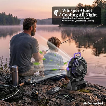 AJVV Camping Fan with Light, Remote and Oscillation, Battery Powered Hanging Tent Fan, Rechargeable Portable for Camp, Outdoor, Emergencies, Fishing, RV Travel, Jobsite - color: Purple