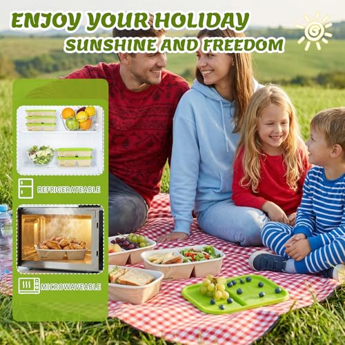 8 Pack 32oz Paper Lunch Box Bento Boxes, 2-Compartment Food Storage Containers with Lids, Leakproof Soak-Proof and Microwave Safe, Disposable To Go Boxes for Picnics, Offices, Catering, Green Lid - color: Green