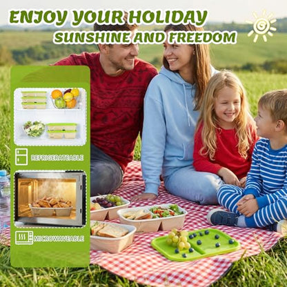 8 Pack 32oz Paper Lunch Box Bento Boxes, 2-Compartment Food Storage Containers with Lids, Leakproof Soak-Proof and Microwave Safe, Disposable To Go Boxes for Picnics, Offices, Catering, Green Lid - color: Green