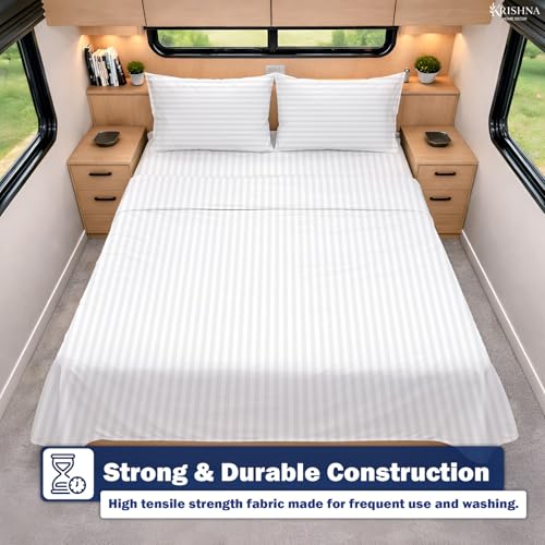 KRISHNA Full Size 4 Piece Egyptian Cotton Sheet Set, Luxury Hotel Quality White Stripe Bed Sheets, Soft Breathable Cooling Bedding, 6-10 Inch Deep Pocket Fitted Sheet - color: White Stripe, size: Full : 54" x 75"