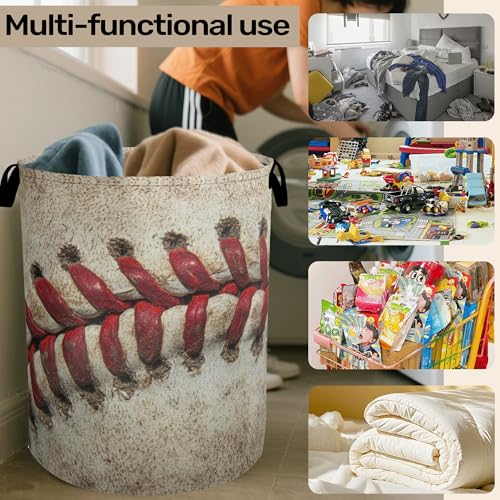 Baseball Laundry Basket with Handles - Extra Large Foldable Hamper for Bathroom/Laundry/Bedroom/Dorm, Washable Fabric Storage Bin - color: Retro Baseball
