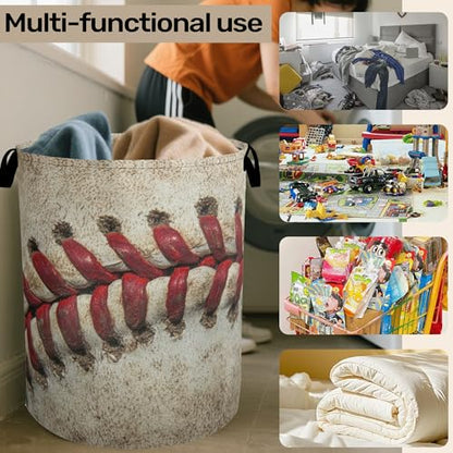 Baseball Laundry Basket with Handles - Extra Large Foldable Hamper for Bathroom/Laundry/Bedroom/Dorm, Washable Fabric Storage Bin - color: Retro Baseball