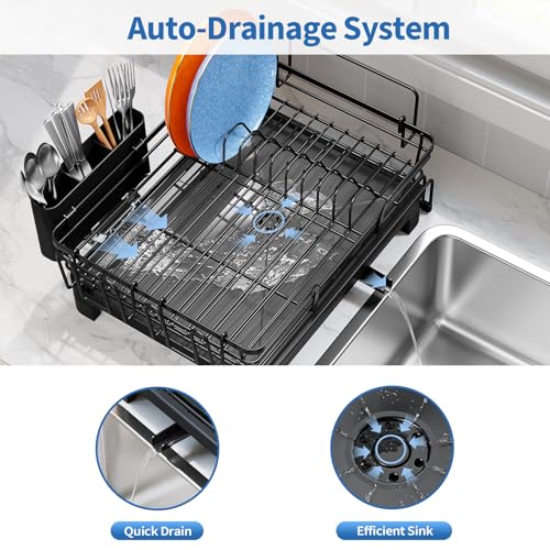 TOOLF Dish Drying Rack - Expandable Dish Rack, Large Capacity Dish Drainer for Kitchen Counter, Stainless Steel Dish Strainer with Cups Holder & Utensil Holder,Black