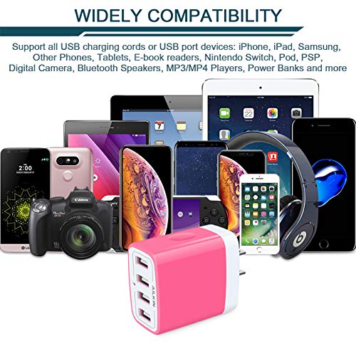 Wall Charger, USB Charger Adapter, 4.8A 4Multi Port Fast Charging Station | Power Base Block Plug Cube Brick for iPhone, iPad, Samsung Galaxy, Moto, Google Pixel, Kindle Fire Plug Cargador Carro - color: Pink