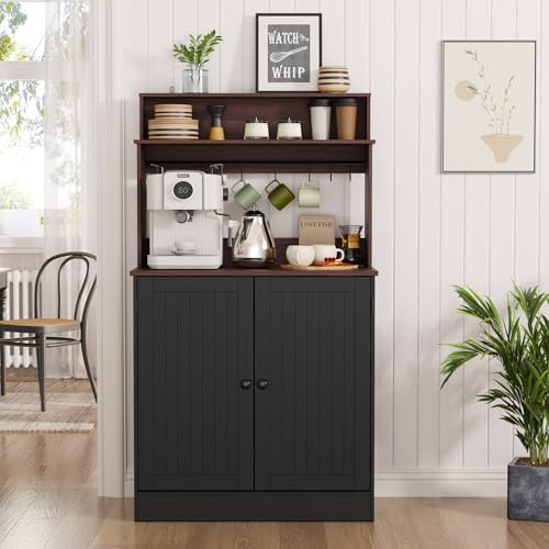 MHOM Farmhouse Coffee Bar Cabinet with Storage, Rustic Buffet Cabinet with 5 Hooks, Small Coffee Station Cabinet for Kitchen & Dining Room, Antique Black - color: Black
