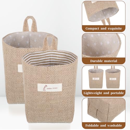 2 Pack Hanging Basket for Door, Small Jute Wall Storage, Hanging Storage Bags Cotton Linen Boho Camper Decor for Keys, Flower Plants, Wallet