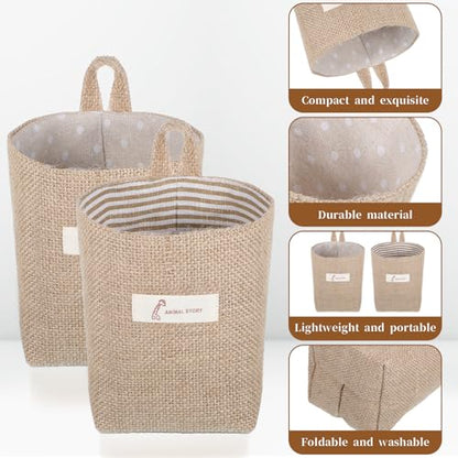 2 Pack Hanging Basket for Door, Small Jute Wall Storage, Hanging Storage Bags Cotton Linen Boho Camper Decor for Keys, Flower Plants, Wallet