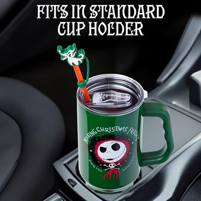 Silver Buffalo Disney Nightmare Before Christmas Making Xmas Fright Jack Skellington & Zero Double Walled Stainless Steel Tumbler w Handle, Straw, and Straw Cap, Fits in Standard Cup Holder, 40 Ounces - color: Nightmare Before Christmas Making Xmas Fright