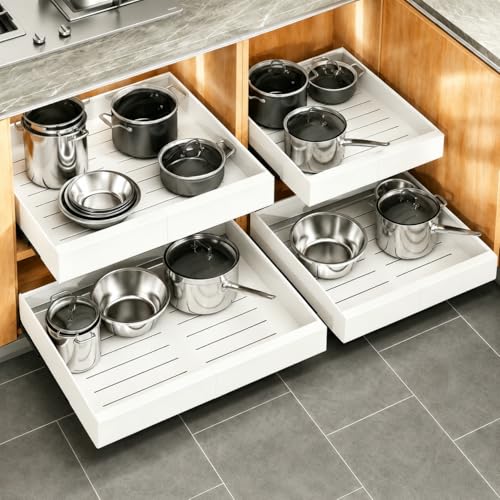 Pull out Cabinet Organizer, 4-pack, Expandable(12"-20") Heavy Duty Slide out Drawers Fixed with Adhesive Nano Film for Pots, Roll out Shelf Storage for Kitchen Base Cabinet Organization(3 Rails) - color: White, size: 21"D×12"-20"W(4 Pack)