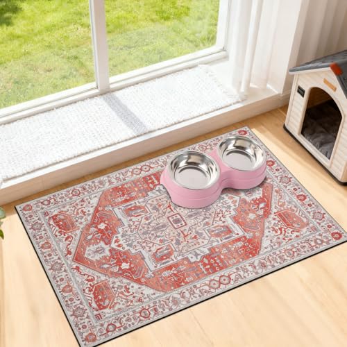 famibay Dog Food Mat, Absorbent Cat Dog Mats for Food and Water, No Stains Quick Dry Pet Cat Bowl Mats with Non Slip Backing, Boho Pet Feeding Mat for Floor Waterproof 16"x24" - color: Vintage Orange, size: M(16"×24")