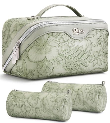 BOYATU Travel Makeup Bags Cosmetic Organizer Bag: 3-Set Large Capacity Make up Bag - PU Leather Toiletry Bags for Women - Wide Open Portable Pouch with Divider & Handle (02-Light Green) - color: 02-Light Green